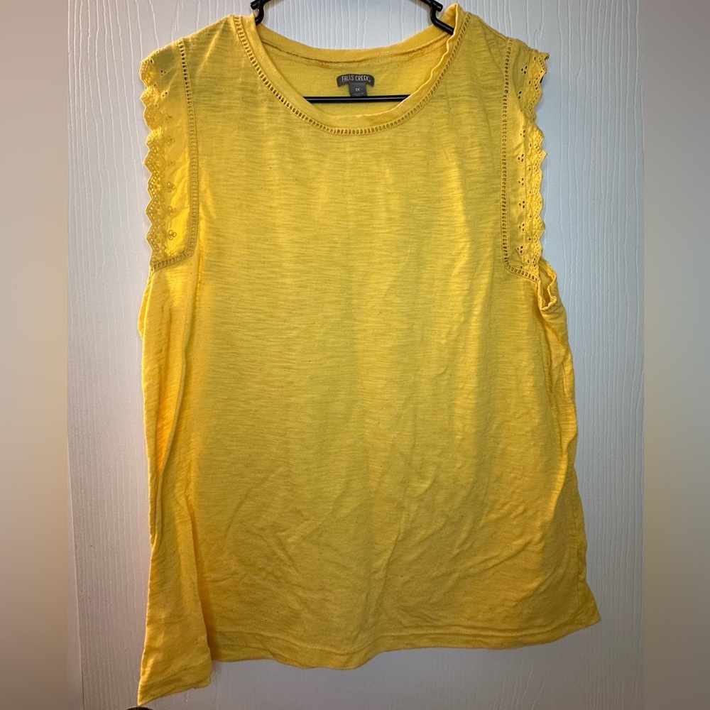 Falls Creek yellow sleeveless blouse crochet detail neck sleeves women’s 1x